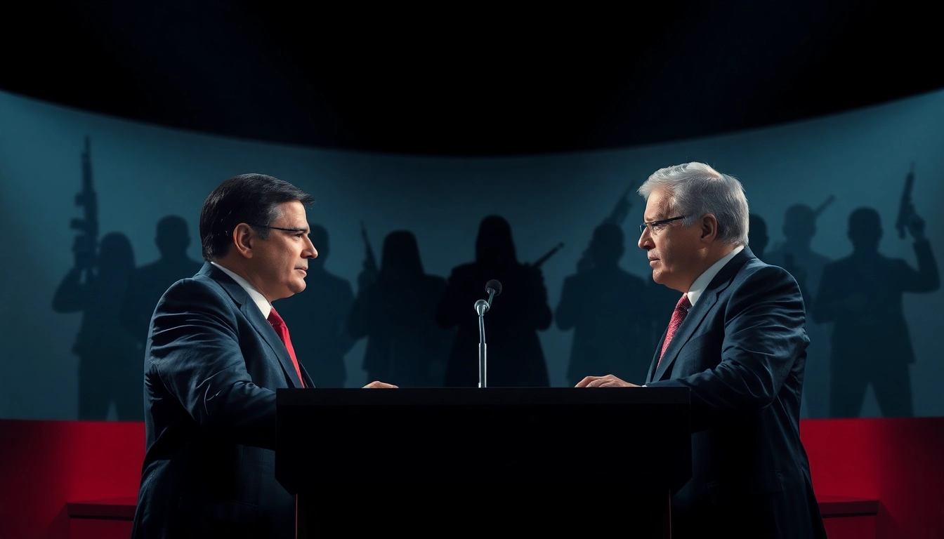 Politicians debate amidst shadows of danger in Politics Thieves and Bullets-themed scene.