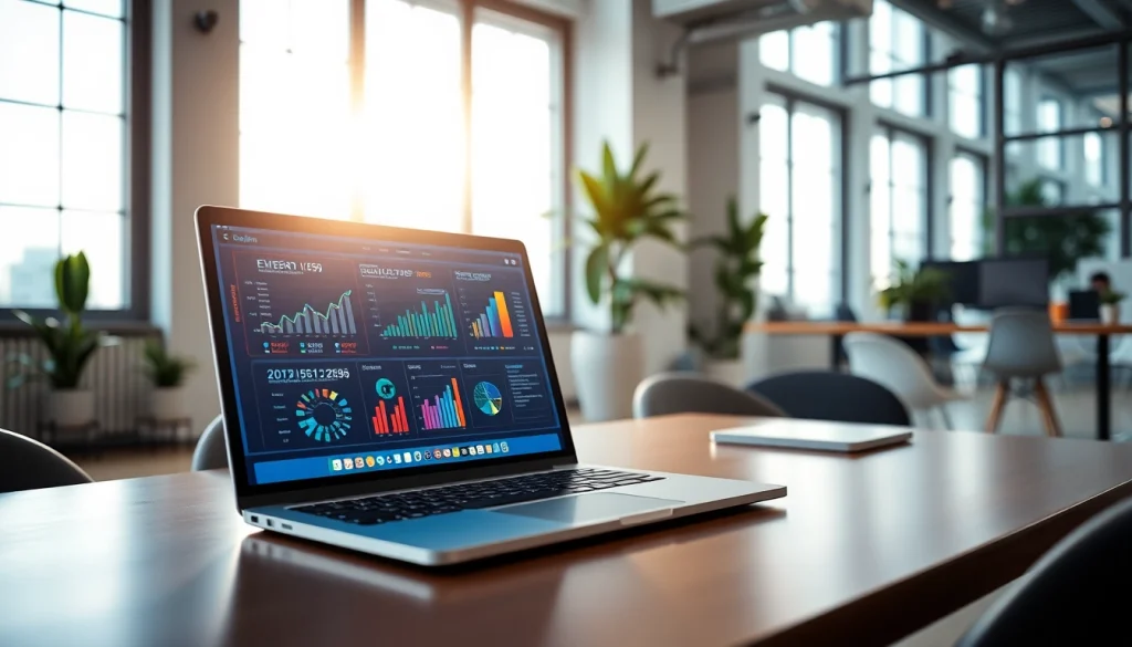 Engaging workspace showcasing Technology with a sleek laptop displaying advanced data visuals.