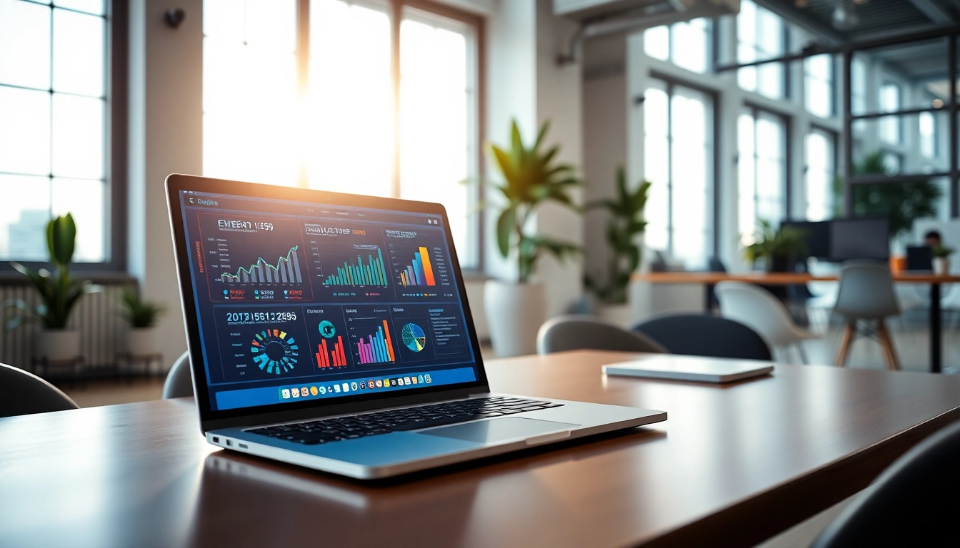 Engaging workspace showcasing Technology with a sleek laptop displaying advanced data visuals.