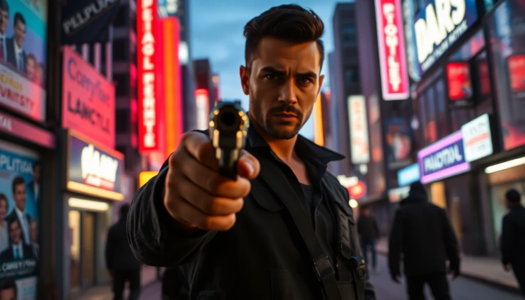 Hero from Politics Thieves and Bullets aiming a pistol in an urban, suspenseful setting.