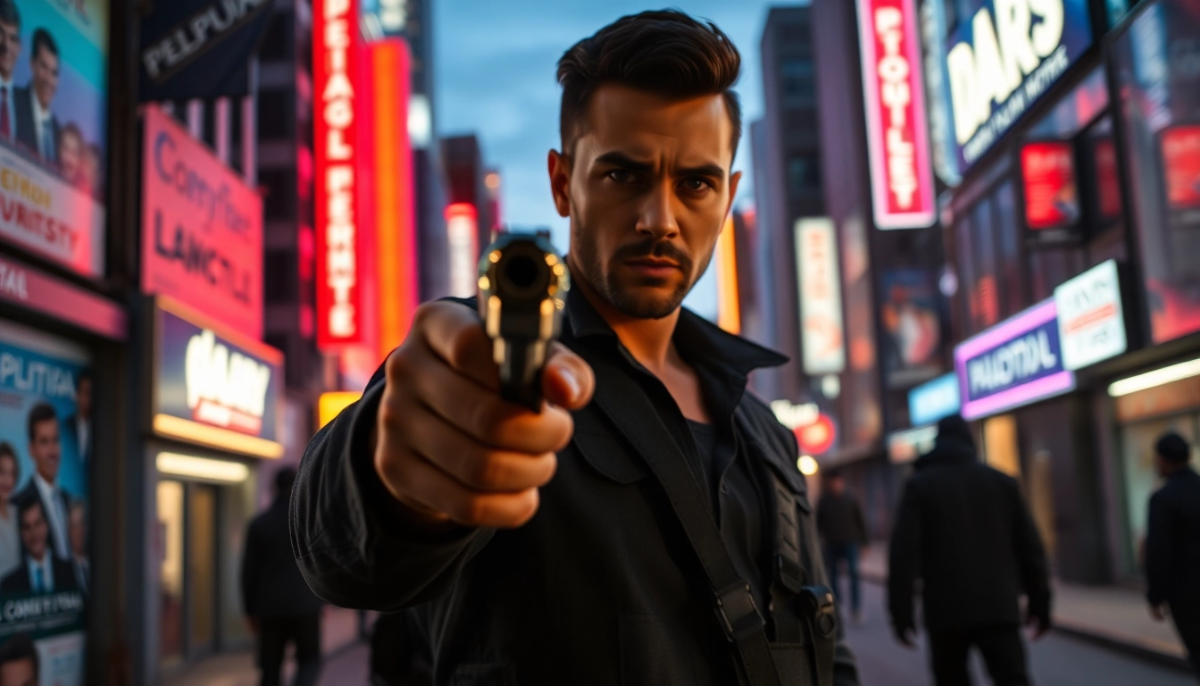 Hero from Politics Thieves and Bullets aiming a pistol in an urban, suspenseful setting.