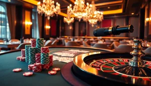 Capture the thrill of gambling with a luxurious casino scene showcasing an MV88 microphone amidst vibrant poker games.