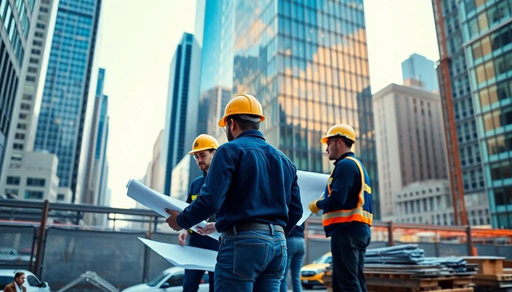 Construction team collaborating on projects as a New York City Commercial General Contractor, amidst vibrant urban scenery.