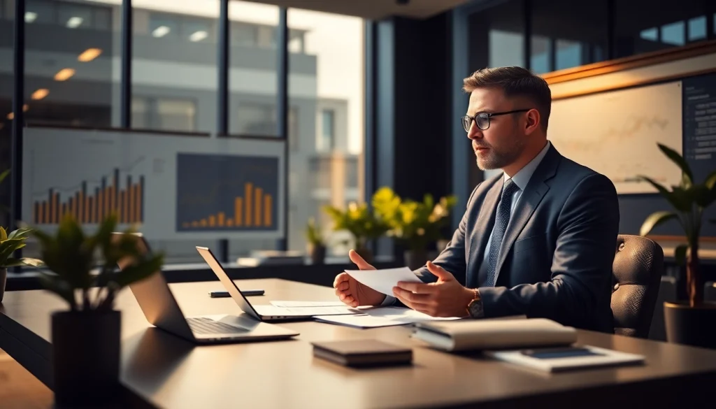 Illustration of investment management San Antonio services showcasing a professional financial advisor in an elegant office.