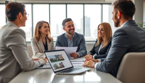 Engaging real estate consultation scene showcasing an agent and clients, emphasizing interaction.