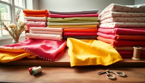 Katoen stoffen in verschillende kleuren en patronen op een houten tafel gepresenteerd.