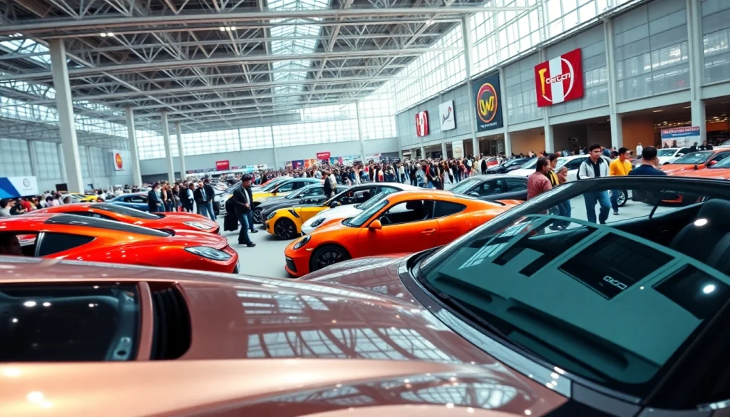 Engaging Auto Cars Show with diverse vehicles and excited attendees in a lively convention center.