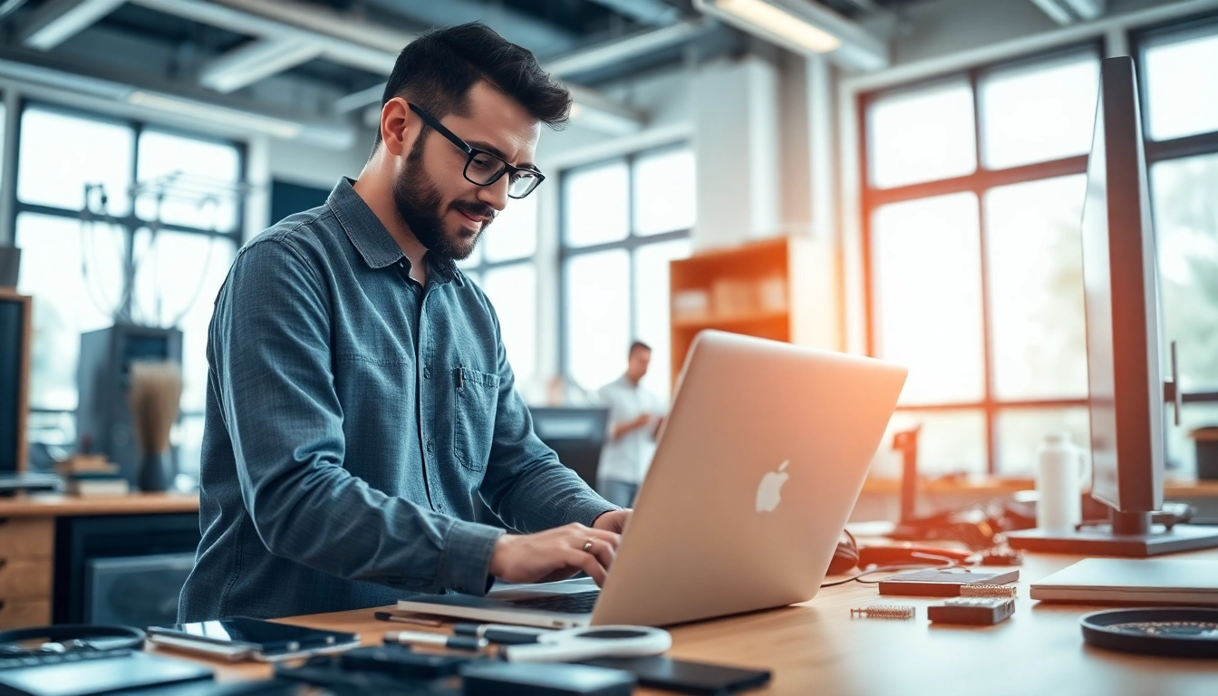 Offering professional computer service in a modern tech shop with a skilled technician at work.