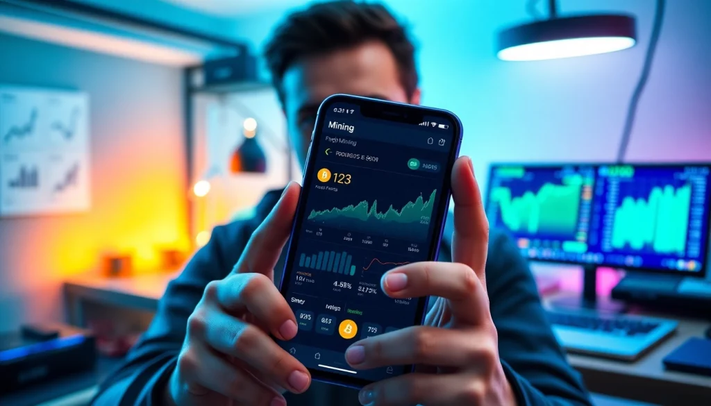 Crypto mining app interface showcasing earnings and performance metrics on a smartphone.