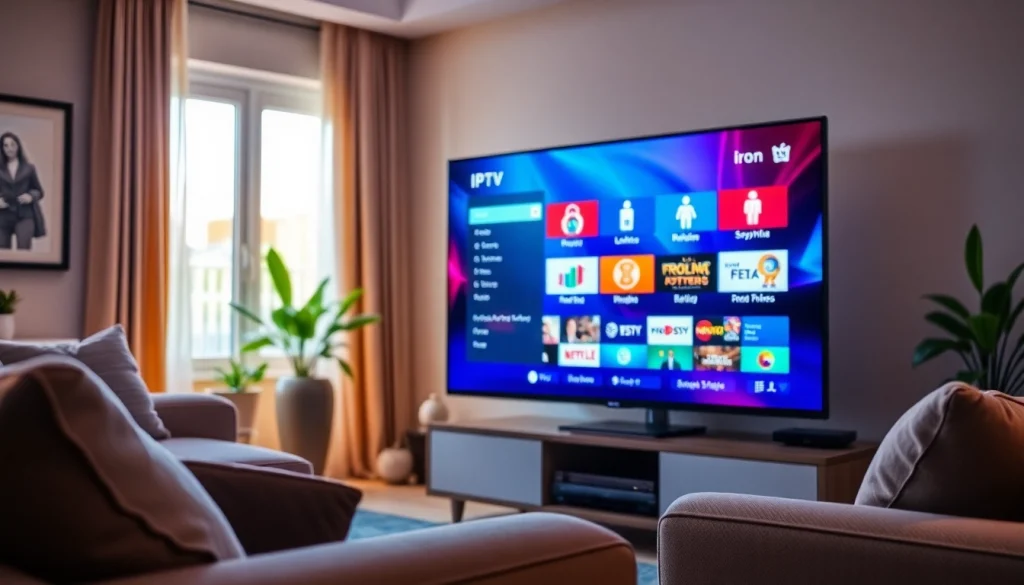 Engaging setup showcasing iron IPTV on a vibrant TV in a cozy living room environment.