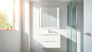 Spiegelschrank led mit stilvollem Design und sanfter Beleuchtung im modernen Bad.