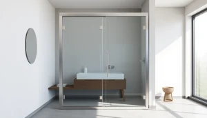 Admire la paroi de douche 150x200 en verre clair et cadre en aluminium, idéale pour votre salle de bain moderne.