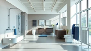 Produkte von sonni sanitär GmbH in einer eleganten Bad-Ausstellung präsentieren.