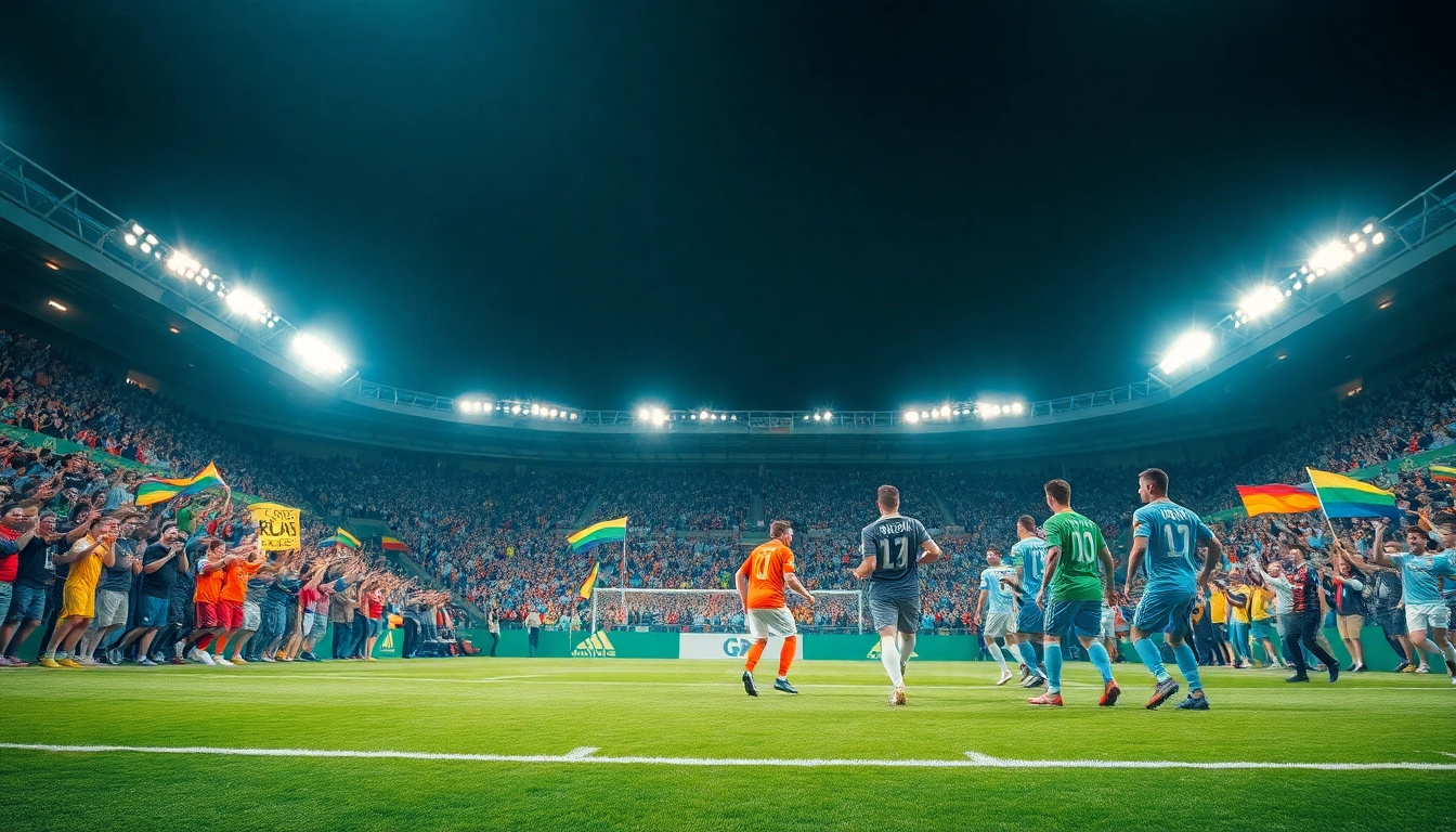 축구중계 중계하는 경기장에서의 다양한 관중들이 응원하는 모습