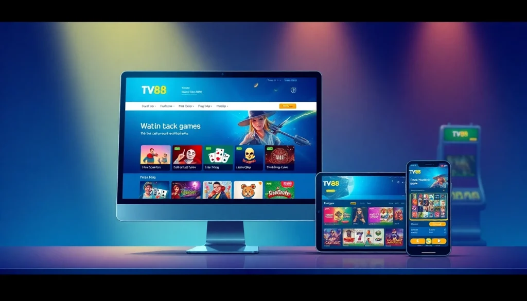TV88 online gaming site displaying diverse games on desktop and mobile devices.