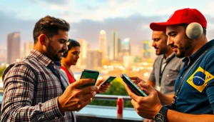 Engaging scene featuring best sportsbooks Brazil apps on a mobile device against a vibrant cityscape.