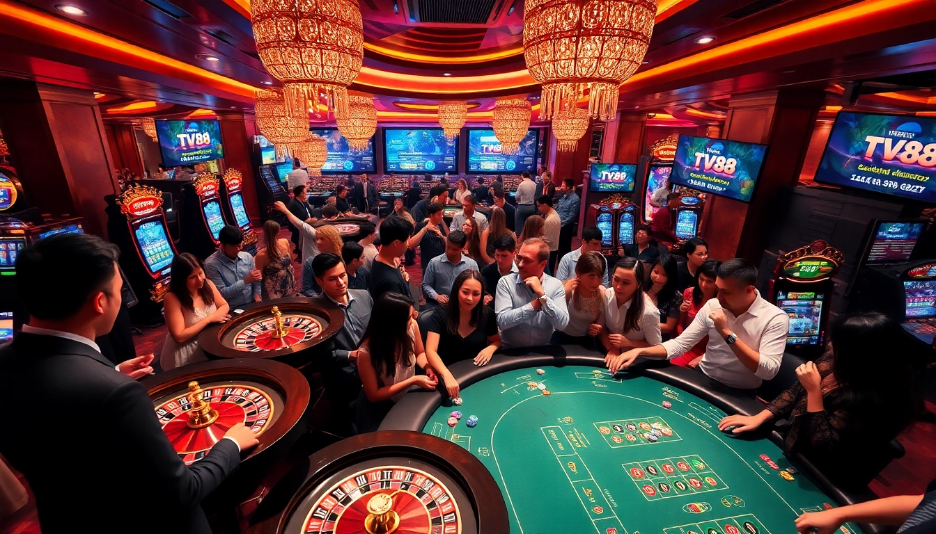 Experience thrilling bets at TV88 casino with vibrant tables and excited gamblers.