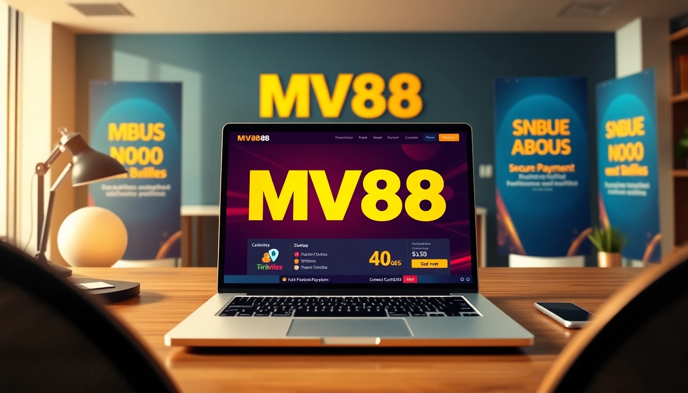 MV88 logo on a digital gambling platform interface in a modern workspace.