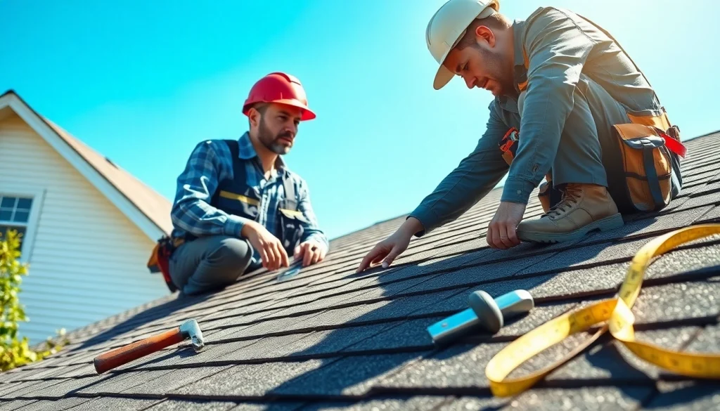 Inspecting shingles for reliable roofing services, showcasing a roofer's care and professionalism.