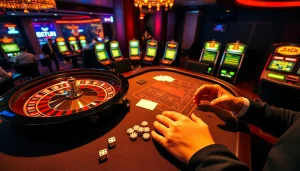 Okfun players enjoying the excitement of a high-stakes poker table surrounded by vibrant casino lights.