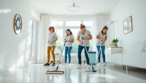 Efficient cleaning service team enhancing home cleanliness in a bright, professional setting.