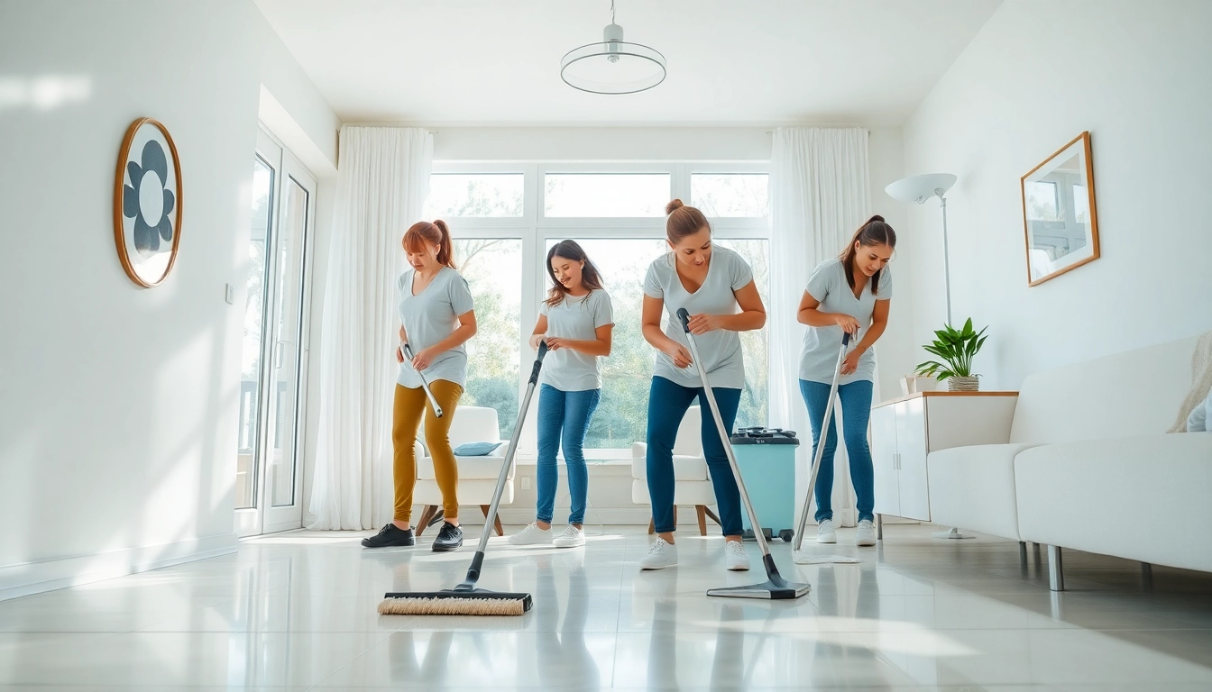 Efficient cleaning service team enhancing home cleanliness in a bright, professional setting.