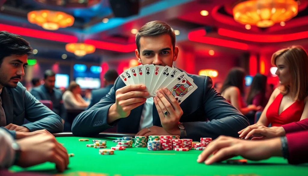 79king gambler confidently plays cards at a lively casino table, showcasing excitement and strategy.
