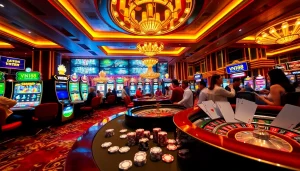 Experience the excitement of VN168 đăng ký with vibrant slot machines and a roulette table in a luxurious casino scene.