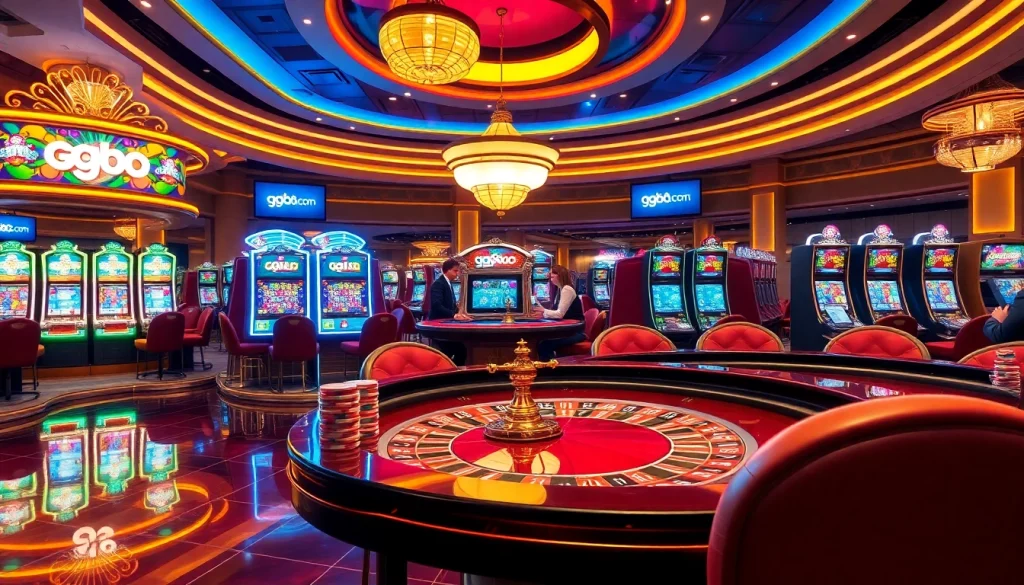 An exciting gaming scene at gg88.com with players at a roulette table and slot machines.