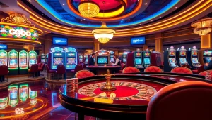 An exciting gaming scene at gg88.com with players at a roulette table and slot machines.