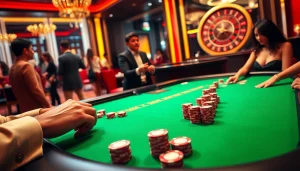 Experience the thrill of gambling as players magrehistro at an upscale casino poker table.