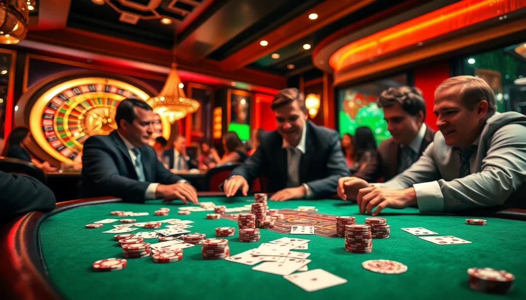 Engaging poker game showcasing giải mã nhà cái dynamics with vibrant casino atmosphere for seasoned gamblers.