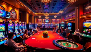 Engaged players at the Official SuperPH website enjoying table games and slot machines in a luxurious casino ambiance.