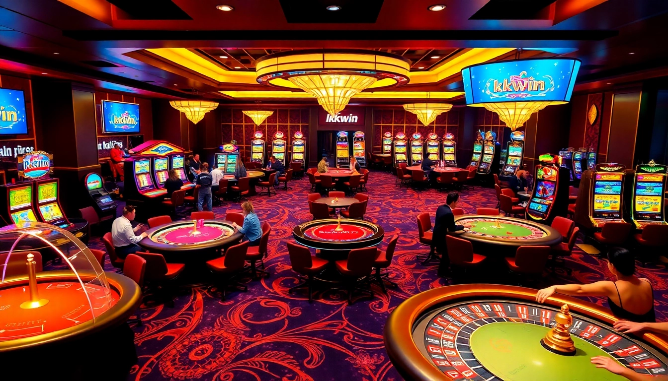 Engaging scene of kkwin casino with players at gaming tables and vibrant slot machines.