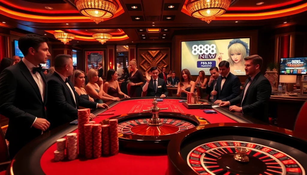 Excited players engaging in high-stakes games at 888NEW's luxurious casino.