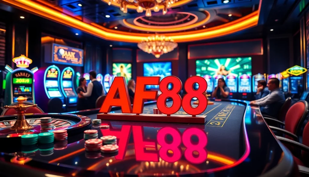 Experience excitement at AF88's vibrant casino scene with poker chips and a roulette wheel.