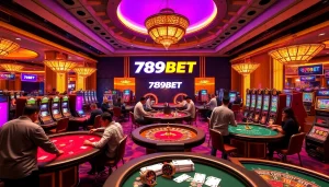 Experience the excitement of 789BET with vibrant casino visuals featuring poker tables and slot machines.