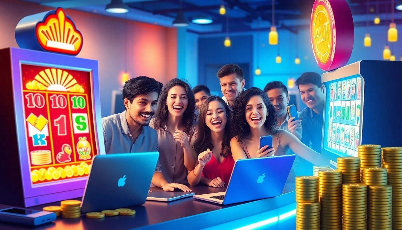 Exciting Kode4d slot gaming scene with diverse players around a virtual slot machine, showcasing joy and trust.