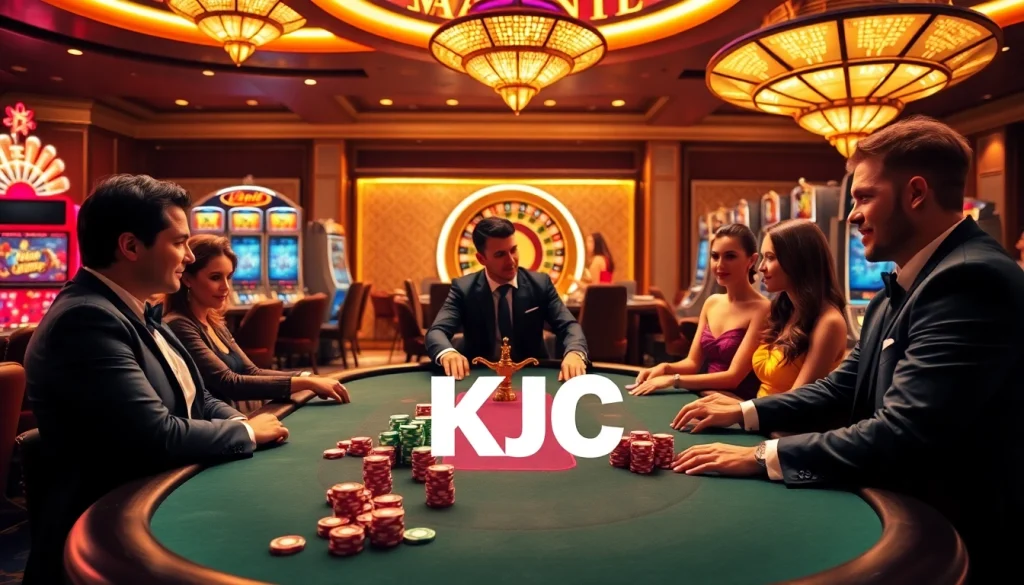 Players enjoying a thrilling poker game at a KJC-branded casino, surrounded by excitement and luxury.