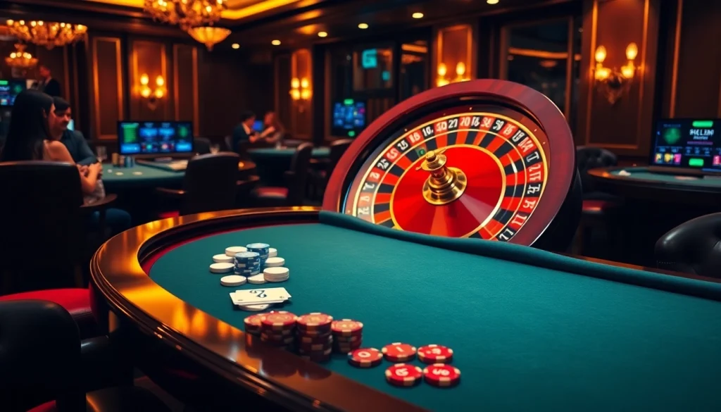 The khela88 casino scene showcases an exciting poker table environment, vibrant roulette wheel, and lively players.