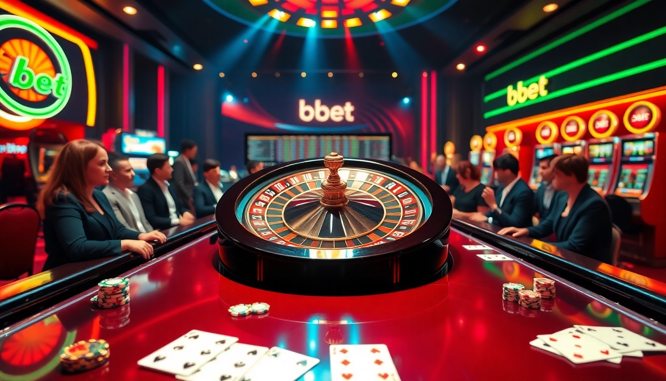 Place your bets with sh bet at a vibrant casino featuring roulette, poker chips, and cards.