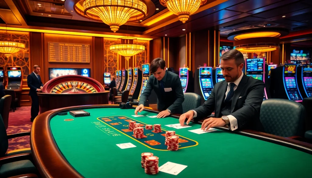 Experience the thrill of Tha bet with a lavish casino scene filled with dealers, poker chips, and slot machines.