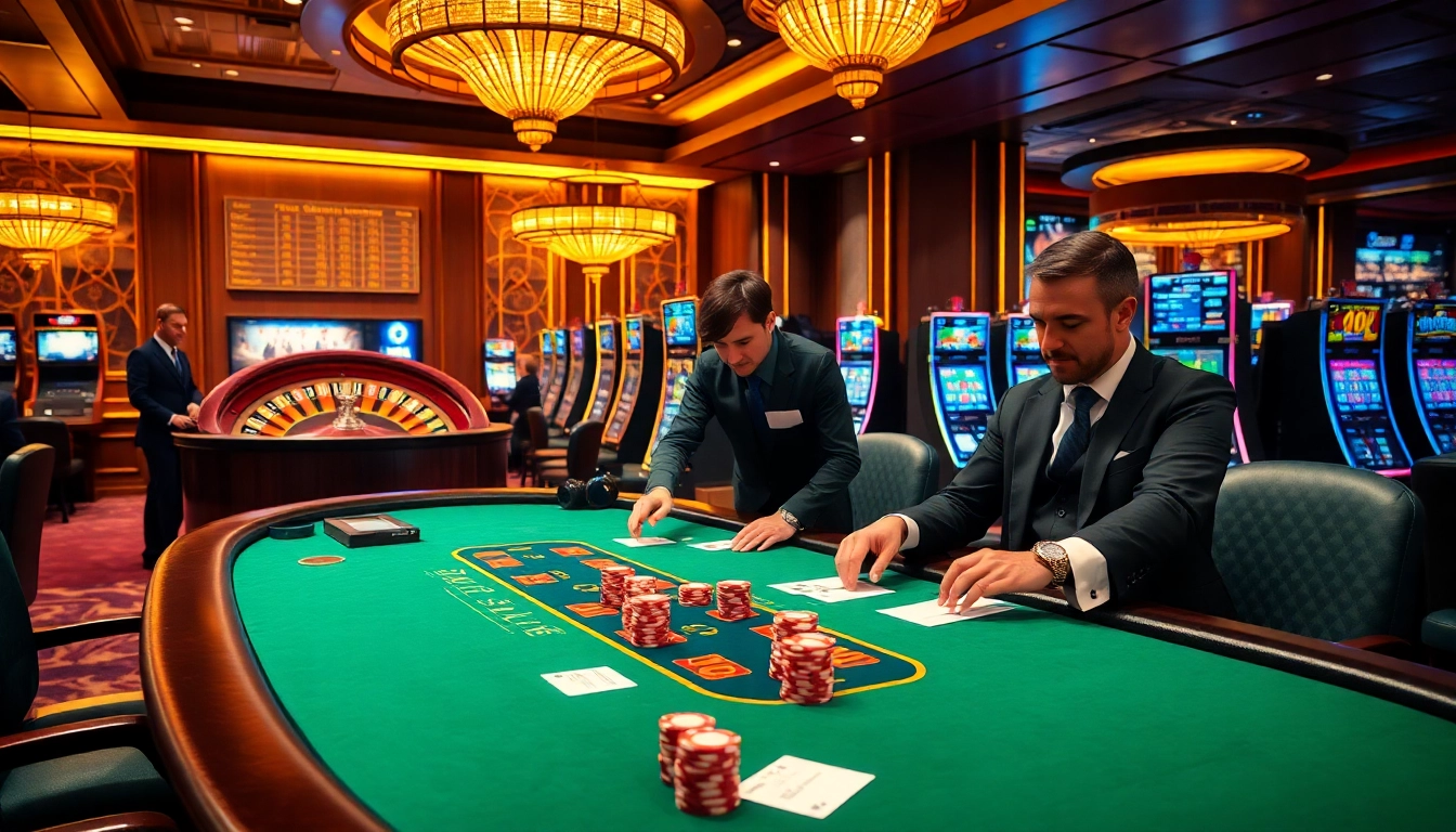 Experience the thrill of Tha bet with a lavish casino scene filled with dealers, poker chips, and slot machines.