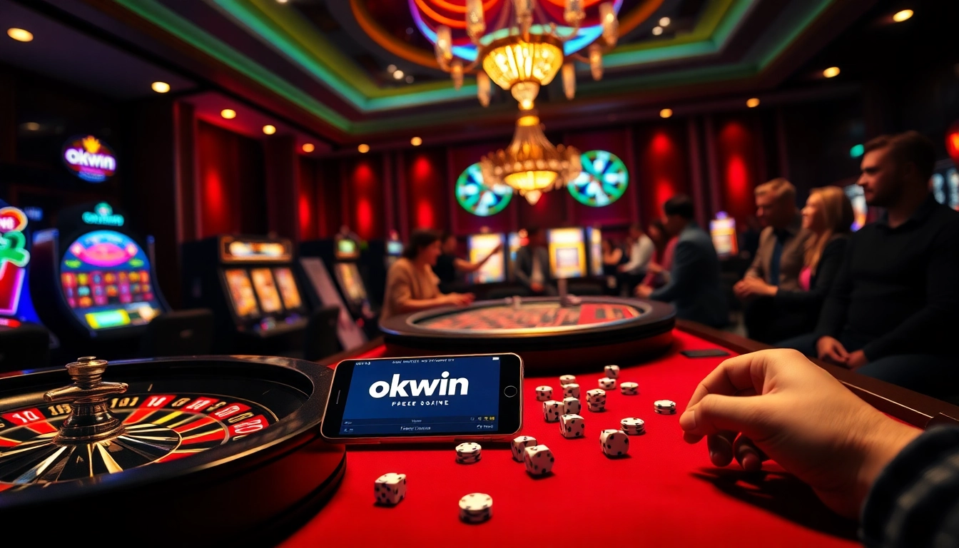 Experience Okwin gaming excitement with vibrant slot machines and roulette in a luxury casino.