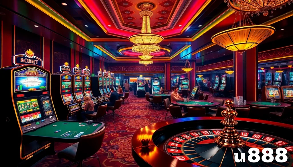 Engaged players enjoying thrilling poker games at u8888 casino, surrounded by vibrant slot machines.