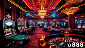 Engaged players enjoying thrilling poker games at u8888 casino, surrounded by vibrant slot machines.