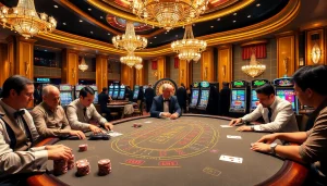 Engaging casino scene at https://marvelbet.site/ showcasing excitement in baccarat gameplay with luxurious decor.