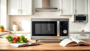Showcase an affordable microwave oven in a modern kitchen setting, highlighting its sleek features.