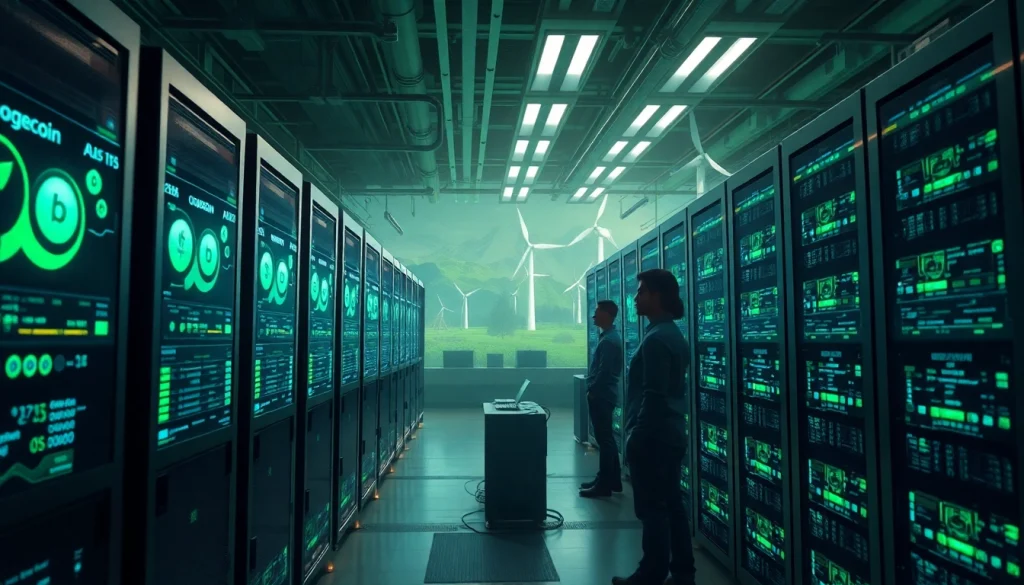 Dynamic dogecoin cloud mining facility showcasing advanced AI and green energy.