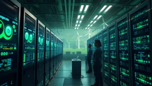 Dynamic dogecoin cloud mining facility showcasing advanced AI and green energy.